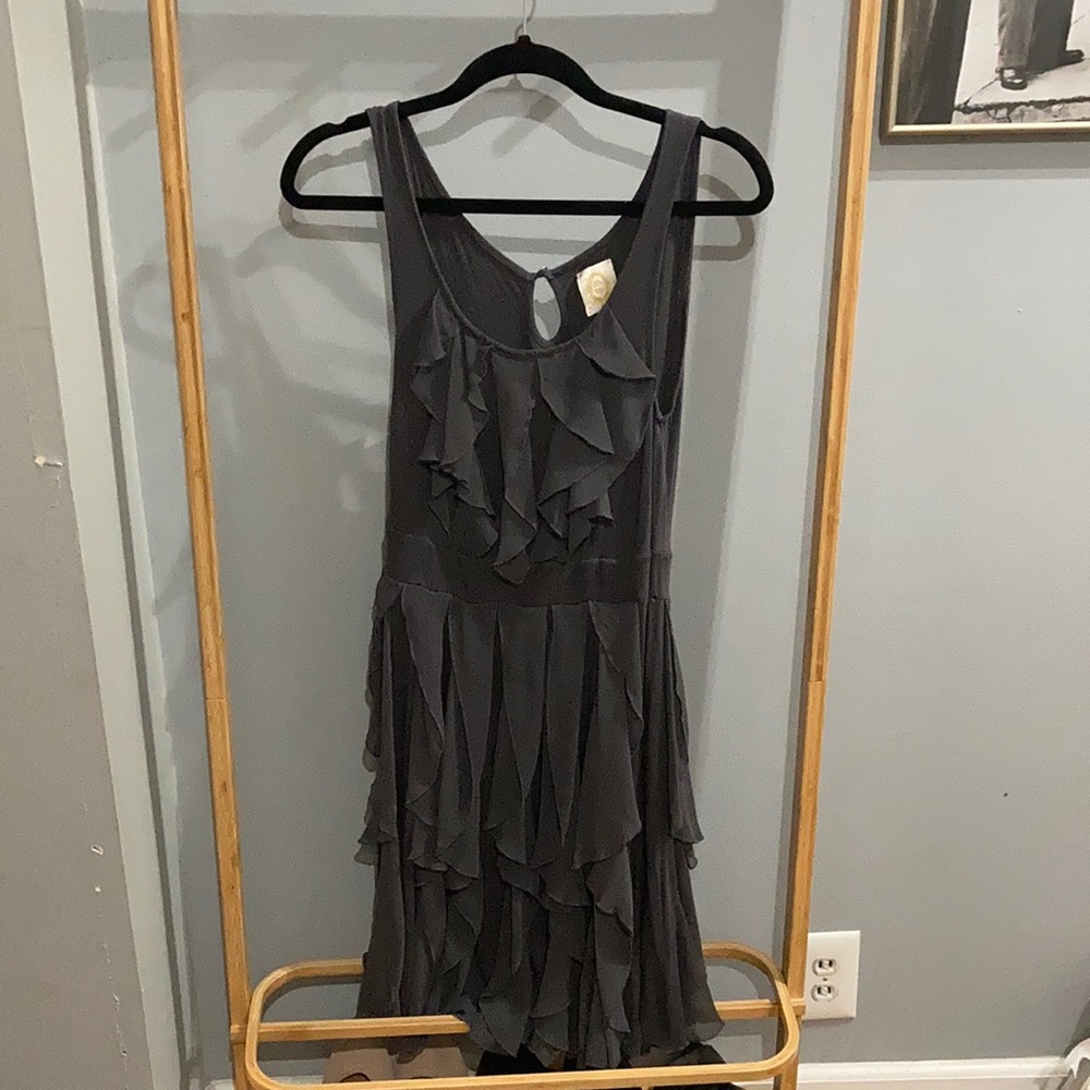 Charcoal tank dress with soft cotton top and cascading ruffle details